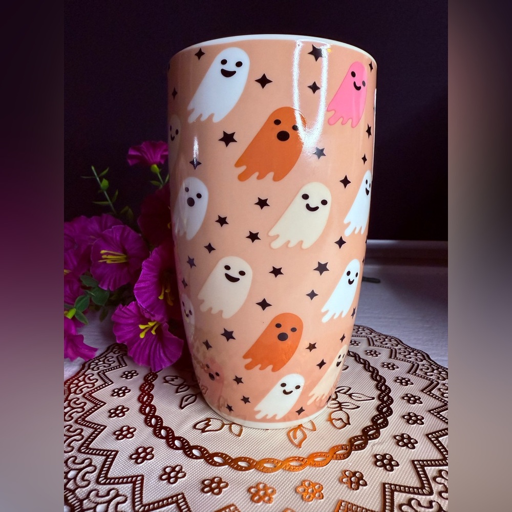 Spooky Ghost Halloween Travel Mug w Lid Cute Fall Ceramic Tumbler 16oz NWT